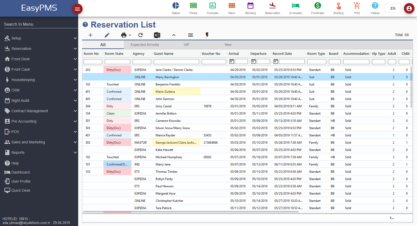 hotel management software - reservation list