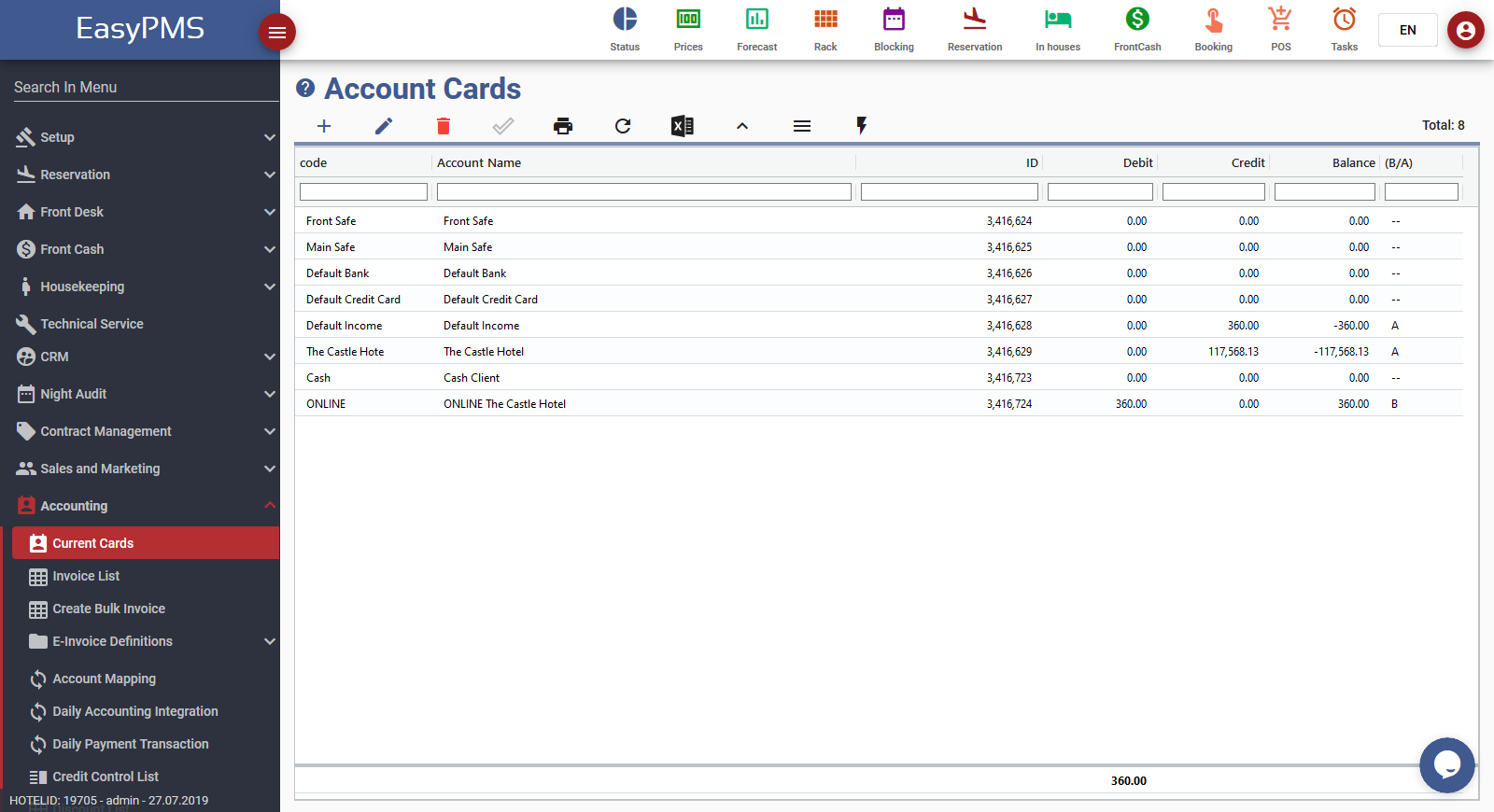 easypms hotel software account cards