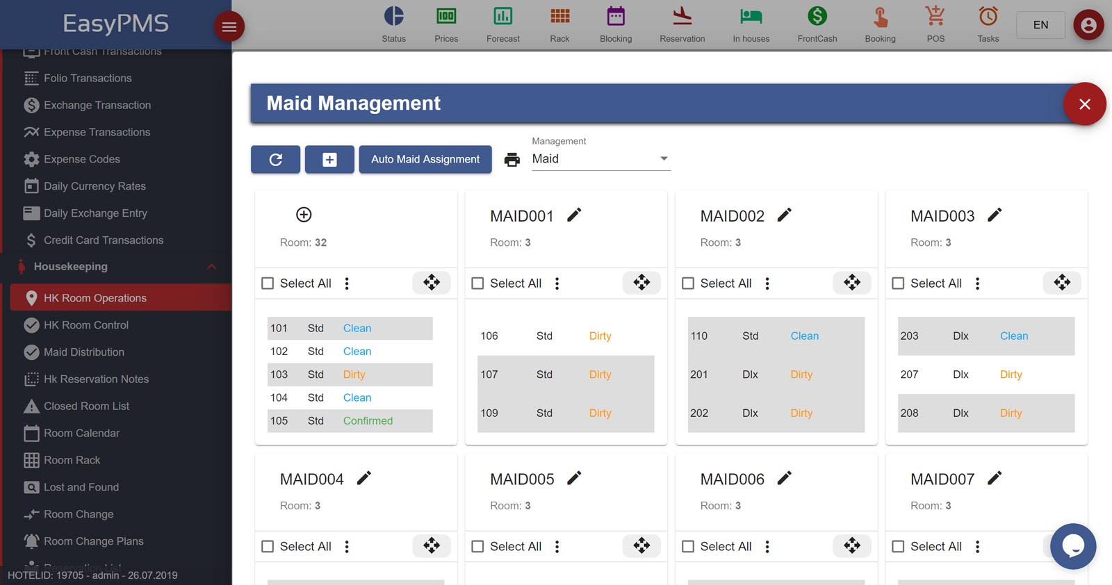 easypms hotel software housekeeping maid management