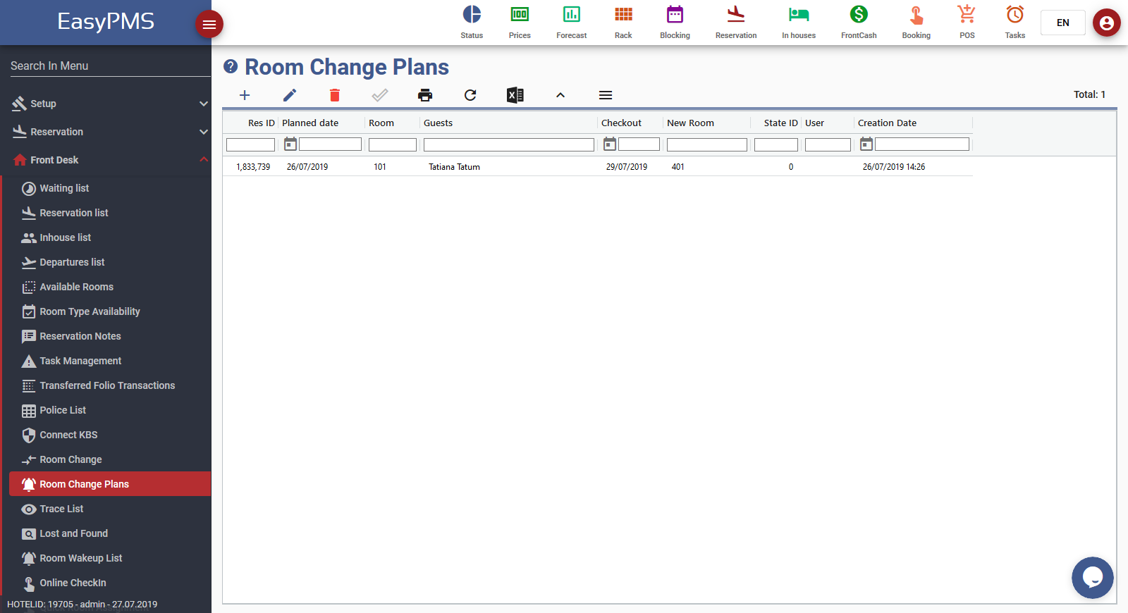 easypms hotel software room change plans