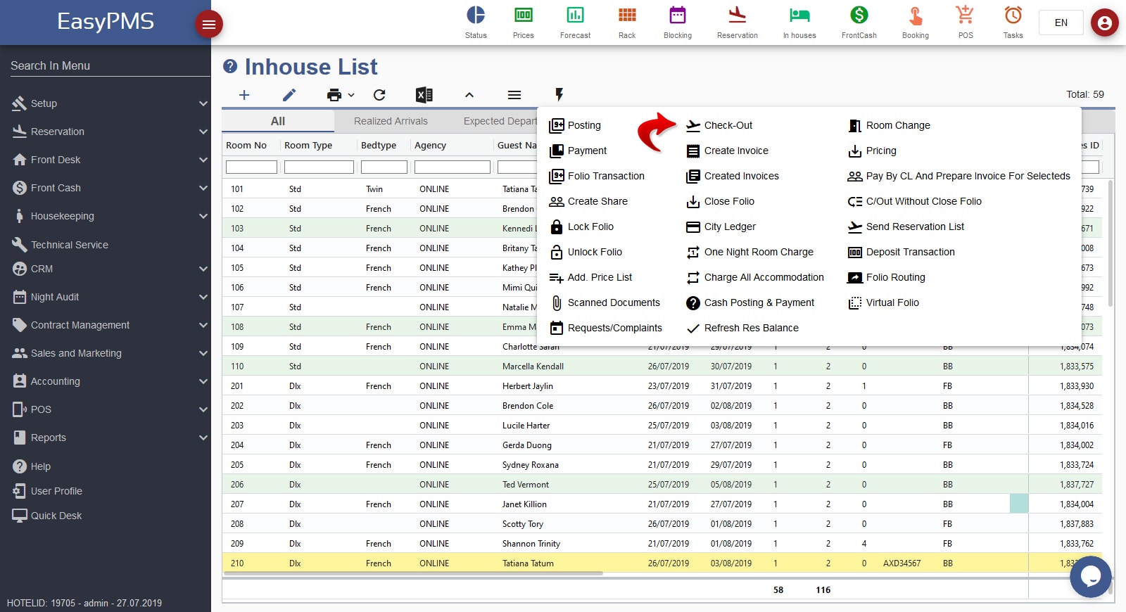 easypms hotel management inhouse list checkout