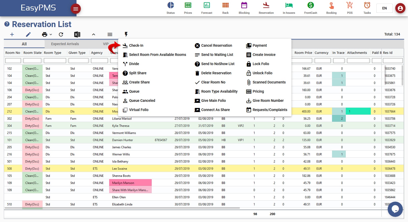 easypms hotel management reservation list checkin