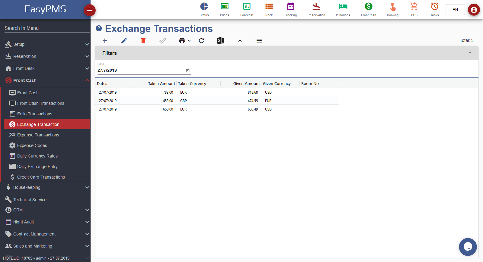 easypms front cash exchange transactions