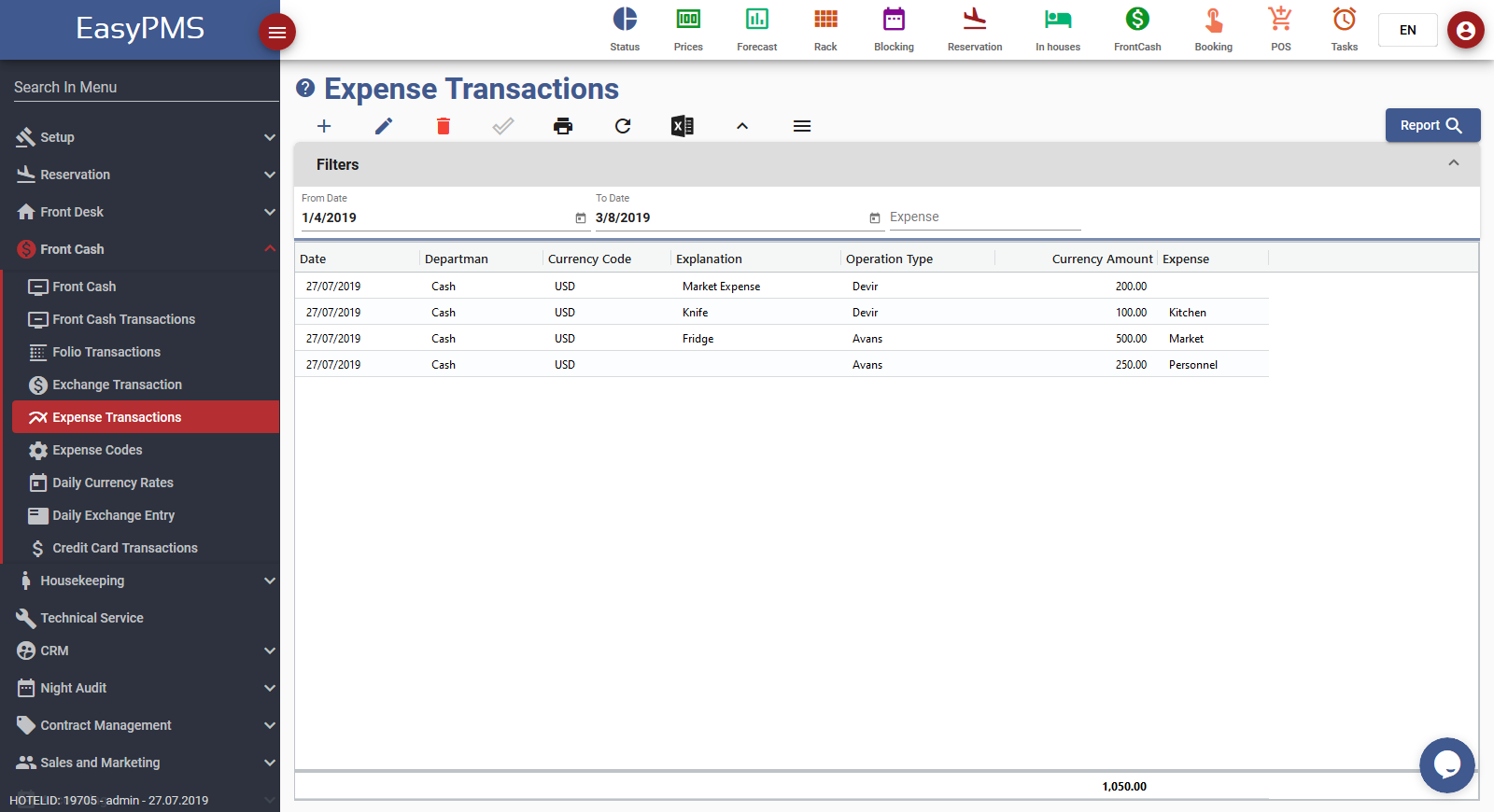 easypms hotel software front cash expense transactions