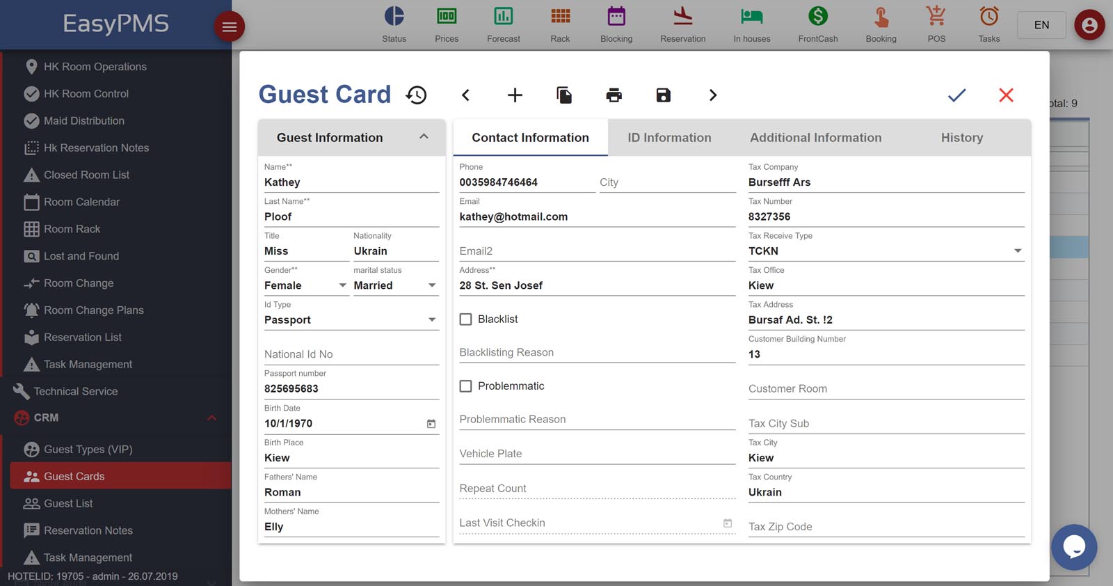 easypms hotel software crm guest card