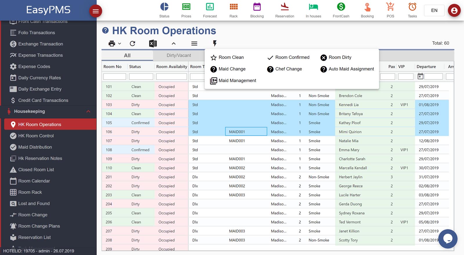 easypms hotel software housekeeping room operations