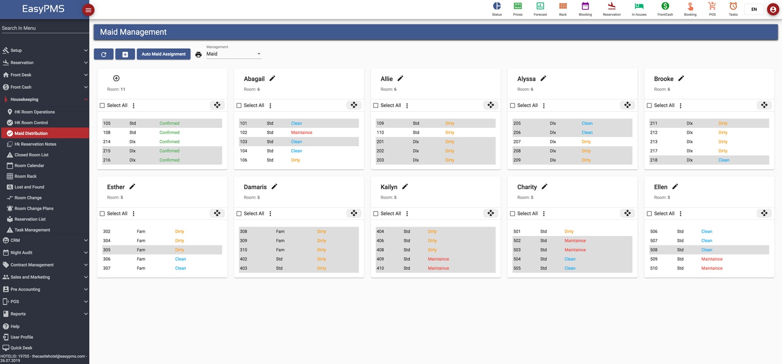 easypms Hotel Software Housekeeping maid management