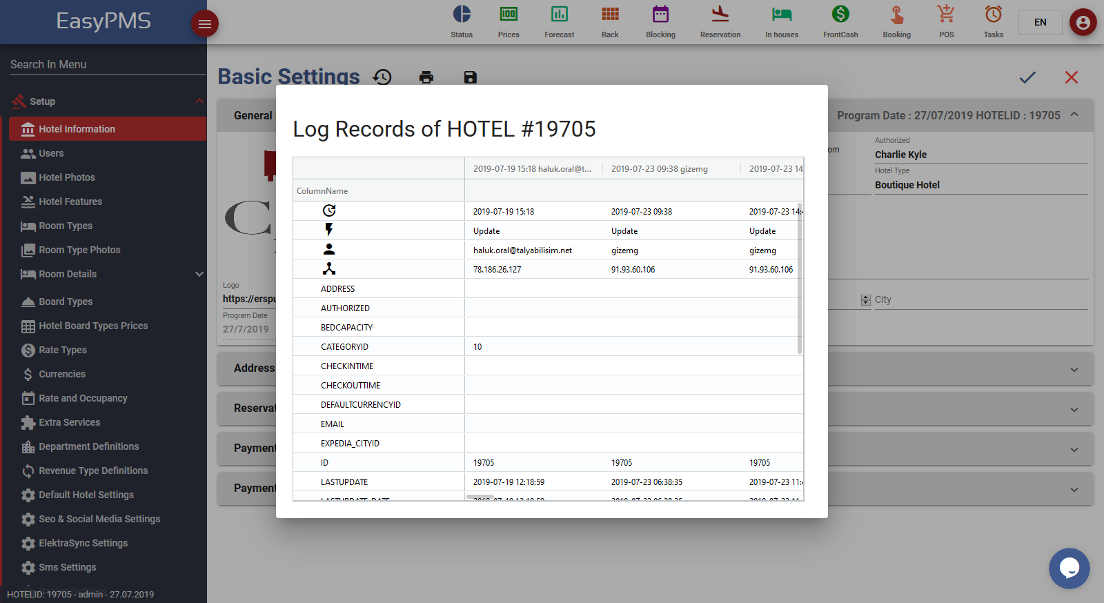 easypms hotel user logs and records