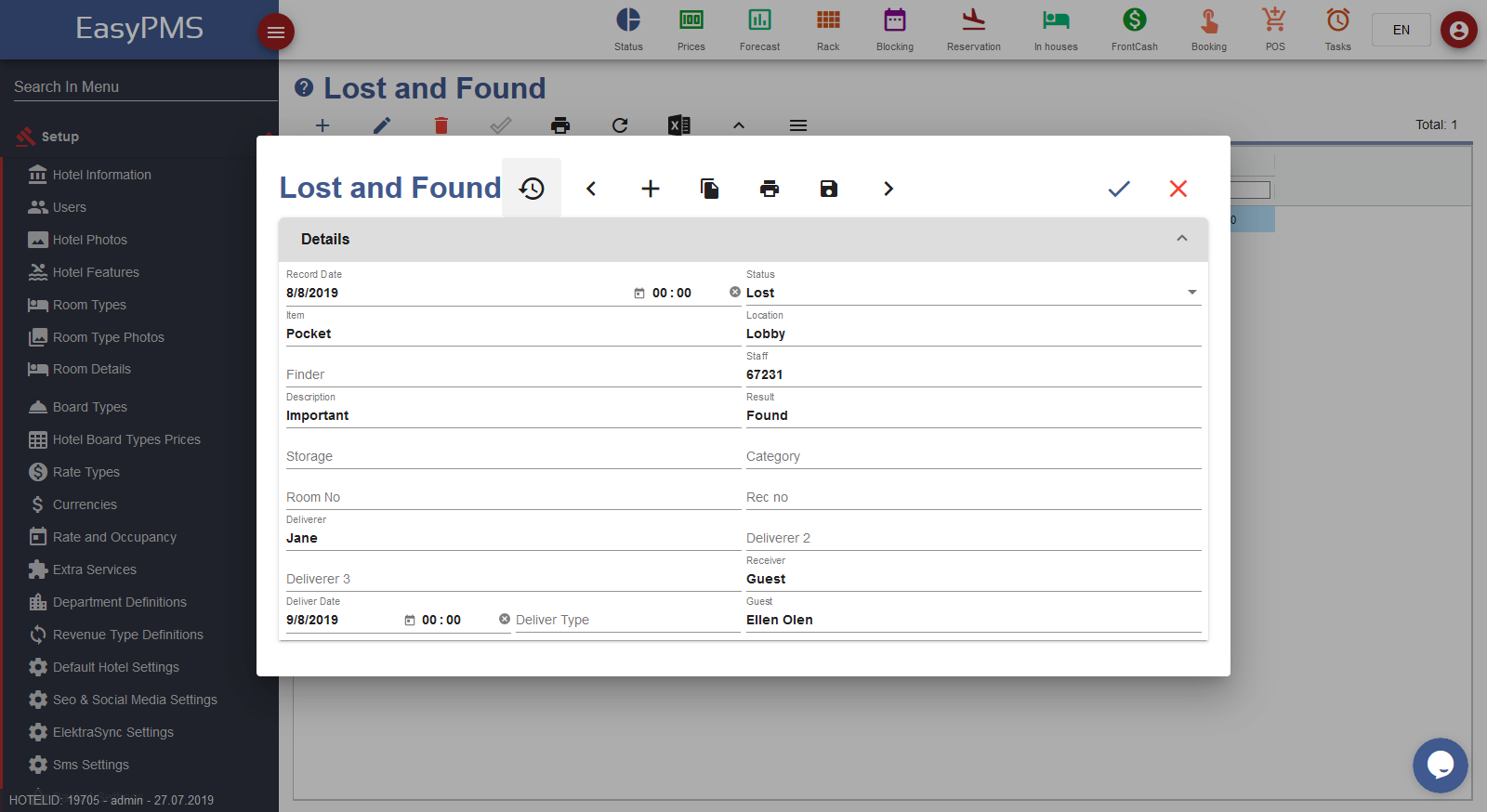 easypms hotel software Lost and Found screen