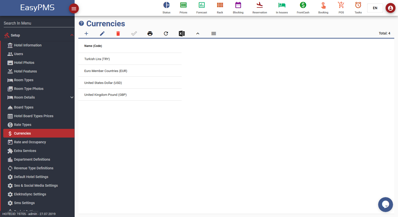 easypms Hotel Software Currencies screen