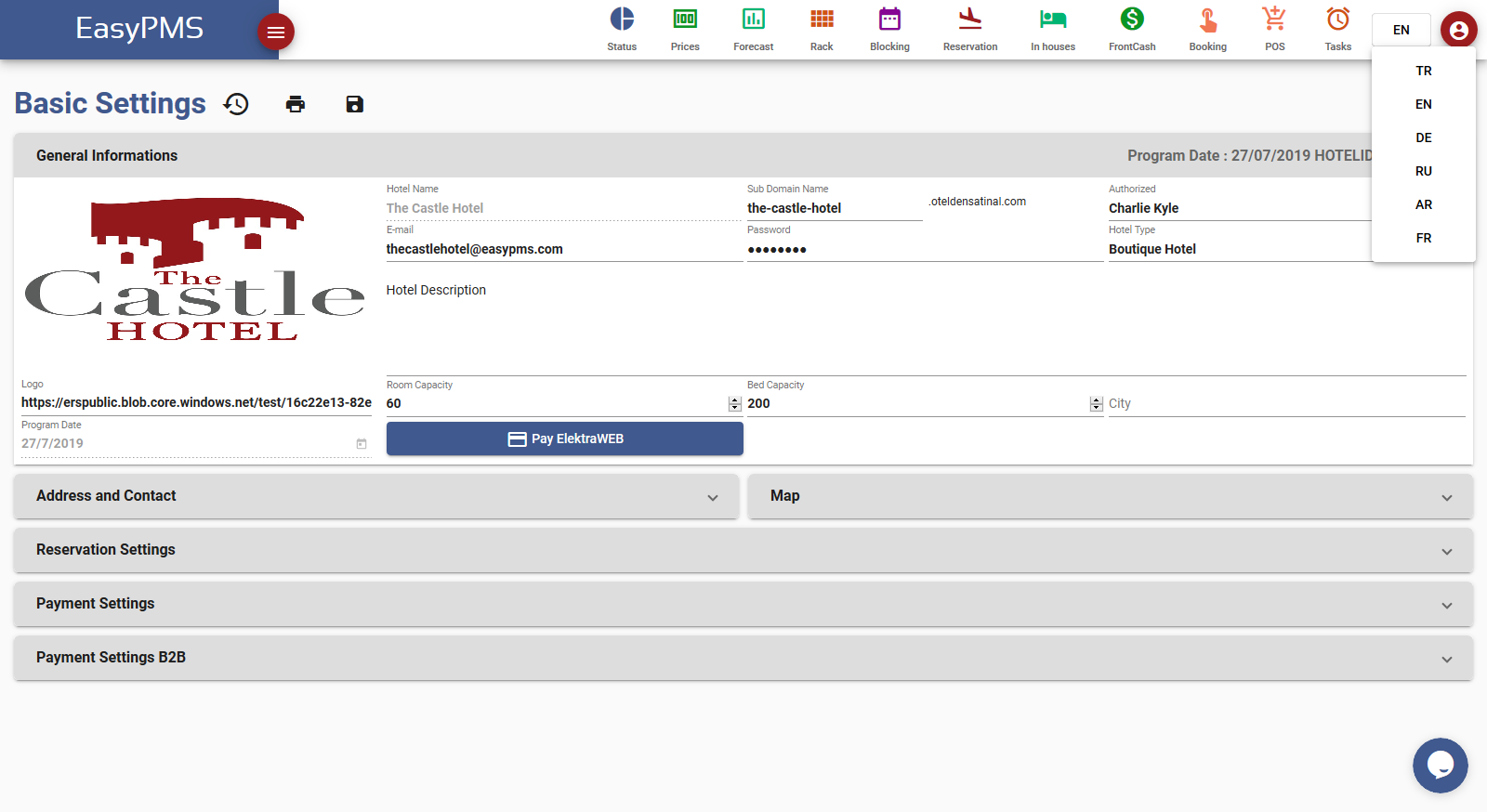 easypms hotel software setting