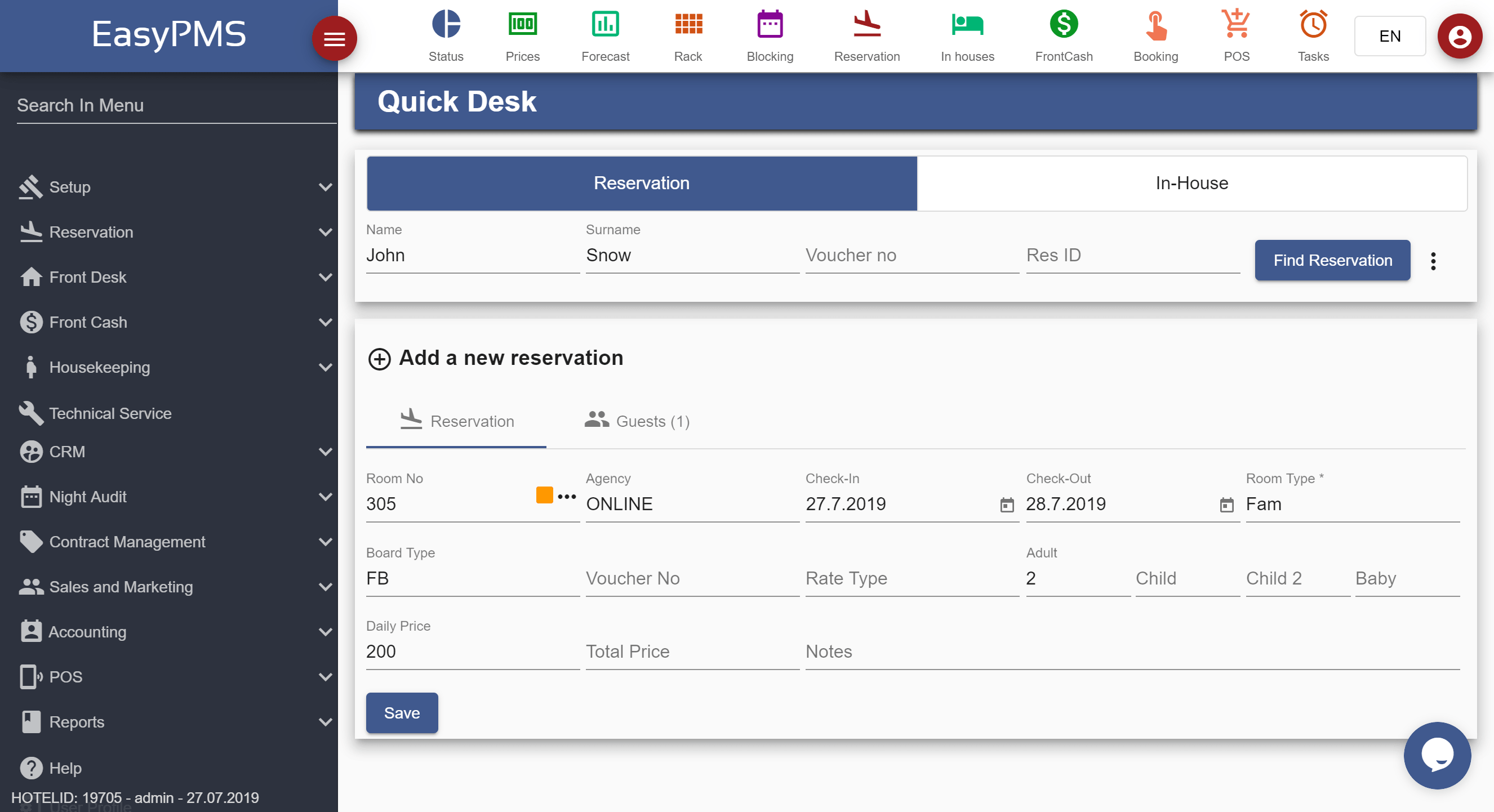 easypms Hotel software Reservation Quick Desk