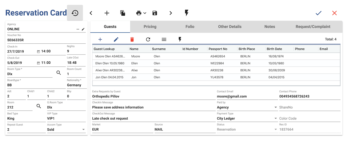 easypms hotel management software Reservation card