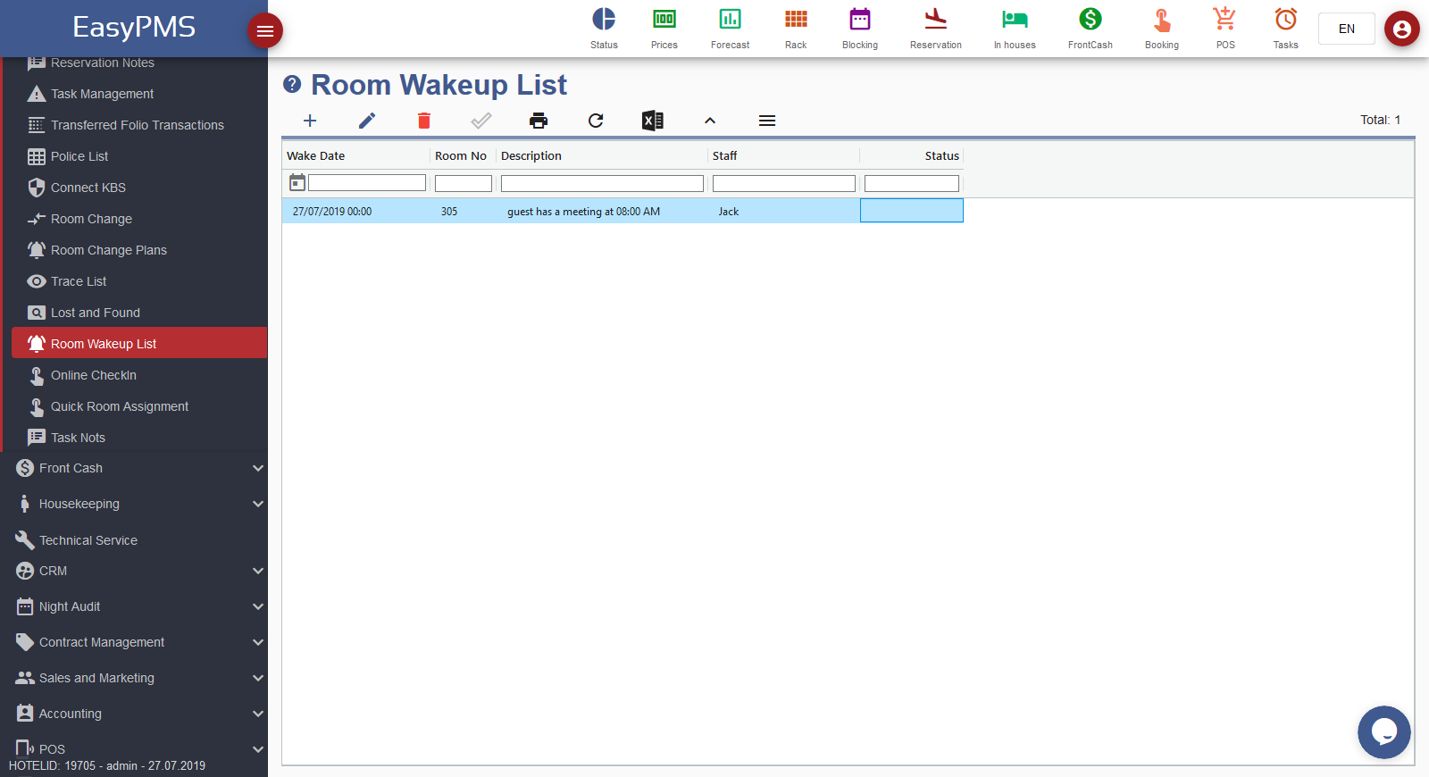 easypms hotel software room wake up list