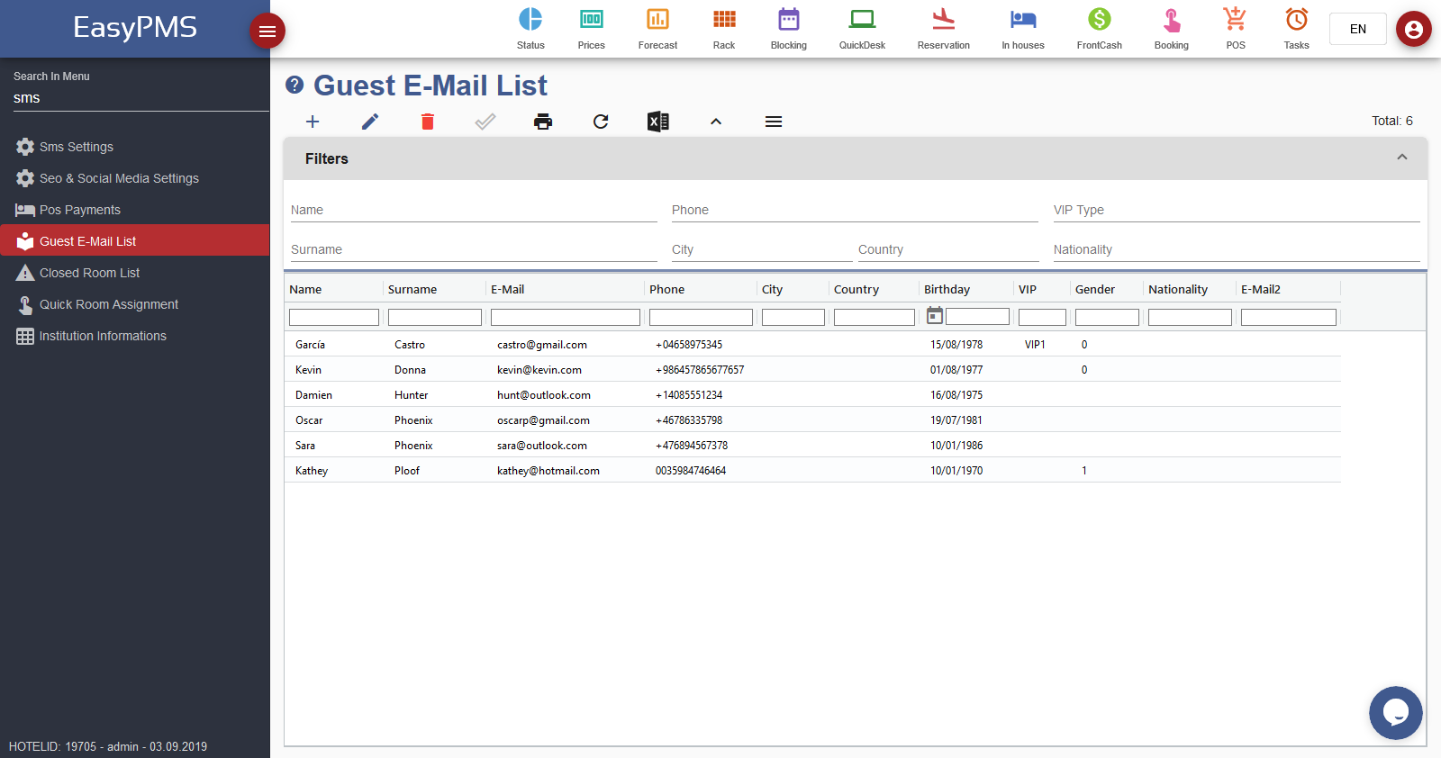 easypms PMS Software Guest E-mail List